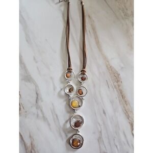 Lia Sophia Silver-tone Brown Leather Cord Faceted Brown & Yellow Y Drop Necklace
